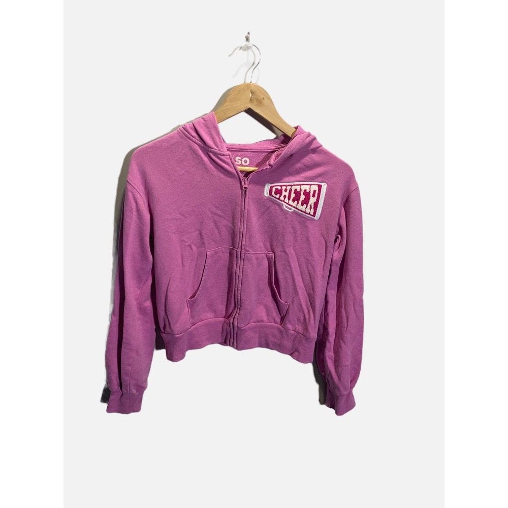 SO Zip Up Hoodie Girls XL 14/16 Pink Cheer Megaphone Patch Cropped Sweatshirt